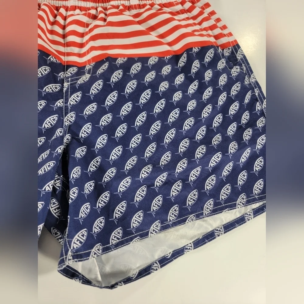 AFTCO Swim Trunks Mens Large Blue Red White USA Flag Print Bathing Suit Shorts